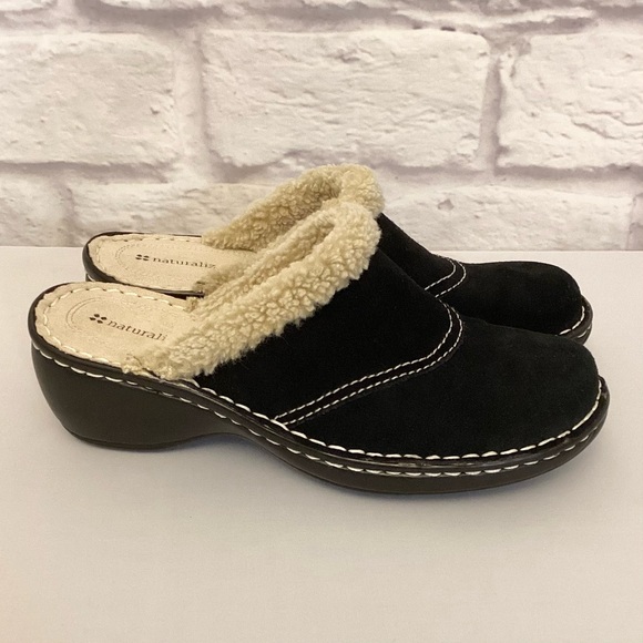 Naturalizer 9 Strayman Suede Leather Women's Clogs Shearling Faux Fur Black - Picture 10 of 11